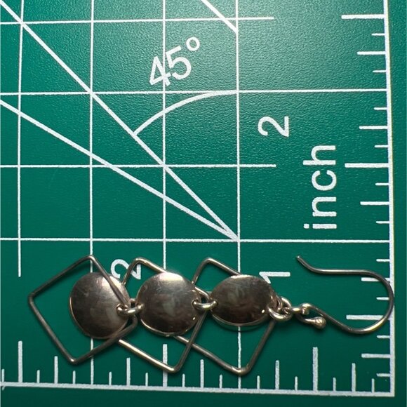 Silver Geometric Earrings 2.5" Dangle Articulated Spheres Triangles Squares - Picture 4 of 6